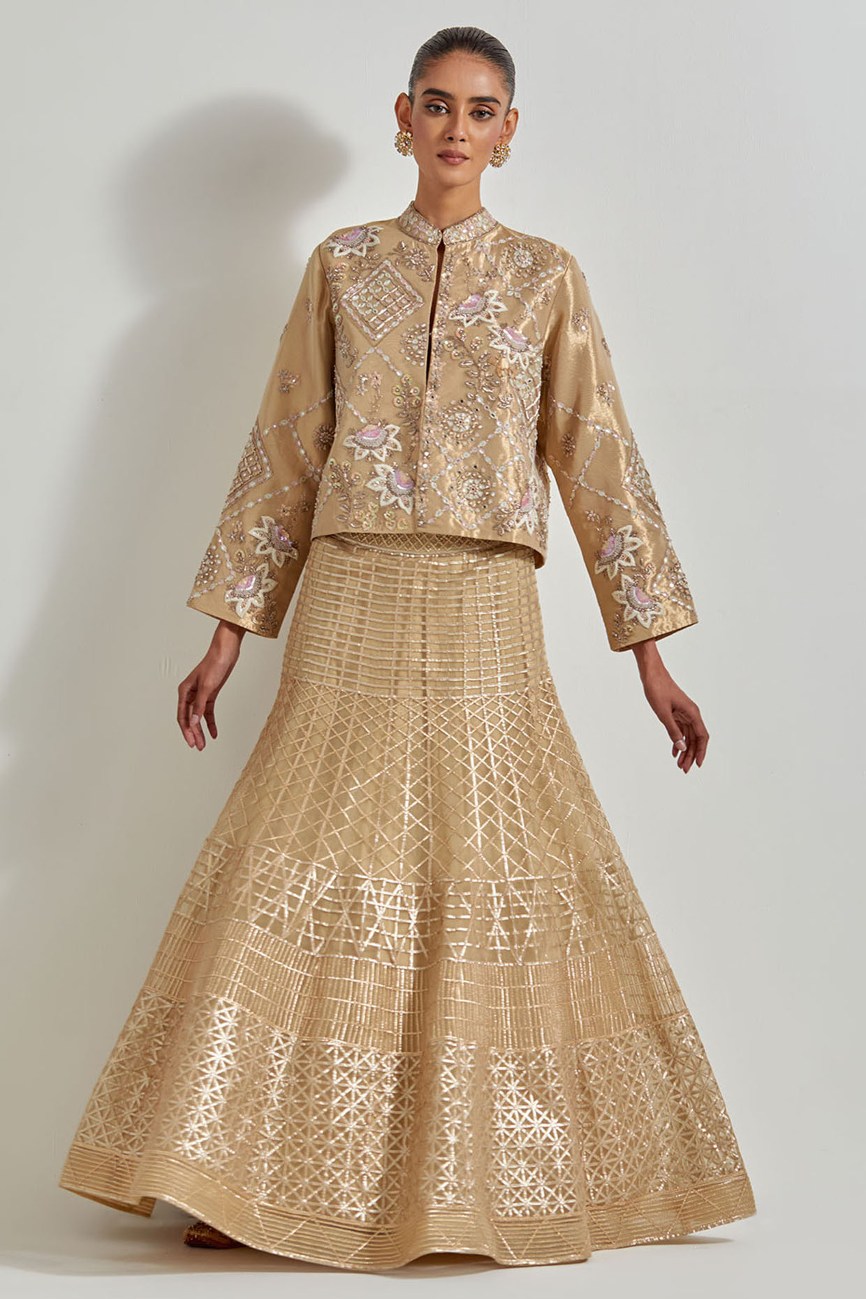 Gold Net & Tissue Gota Work Skirt Set by Kavita Bhartia at Pernia's Pop Up Shop