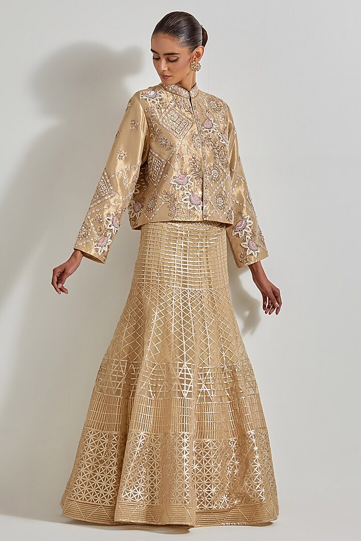 Gold Net & Tissue Gota Work Skirt Set by Kavita Bhartia at Pernia's Pop Up Shop