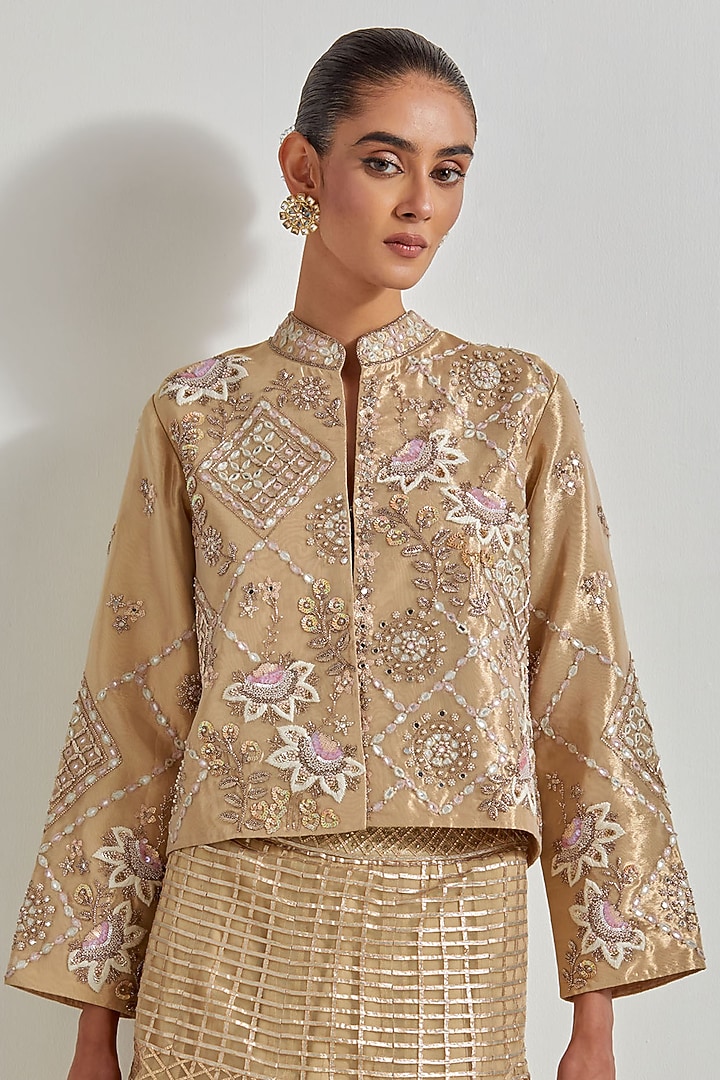 Gold Net & Tissue Gota Work Skirt Set by Kavita Bhartia at Pernia's Pop Up Shop