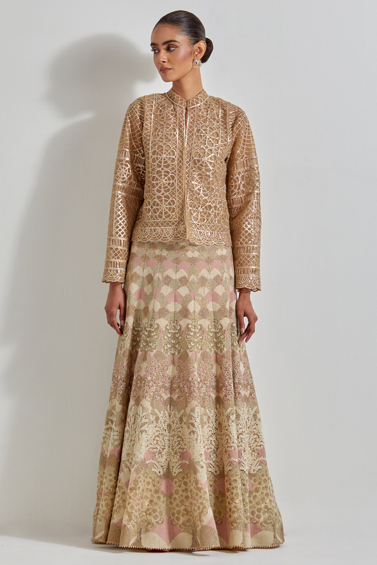 Gold Net Cross-Stitched Embroidered Skirt Set by Kavita Bhartia at Pernia's Pop Up Shop