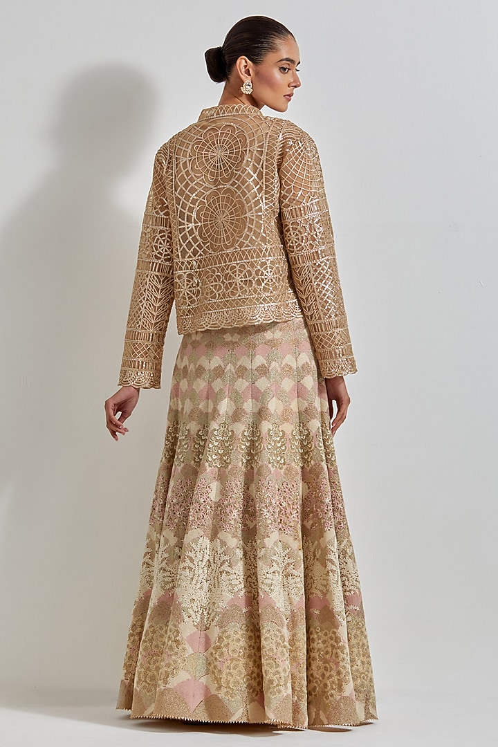 Gold Net Cross-Stitched Embroidered Skirt Set by Kavita Bhartia at Pernia's Pop Up Shop