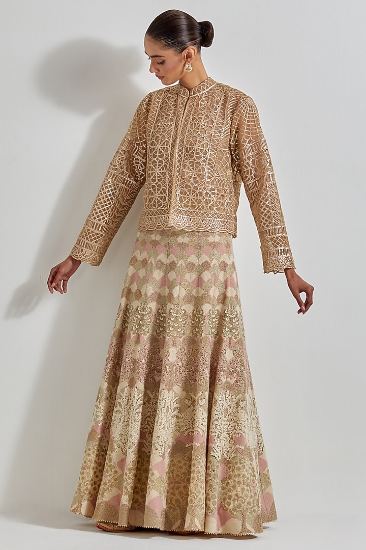 Gold Net Cross-Stitched Embroidered Skirt Set by Kavita Bhartia at Pernia's Pop Up Shop