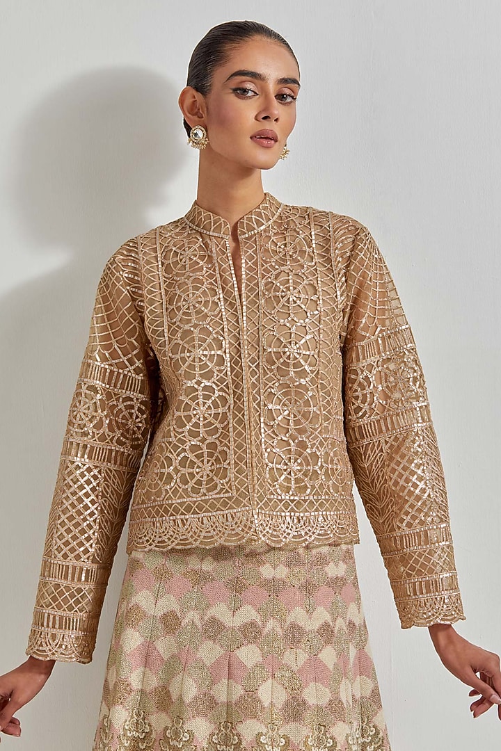 Gold Net Cross-Stitched Embroidered Skirt Set by Kavita Bhartia at Pernia's Pop Up Shop