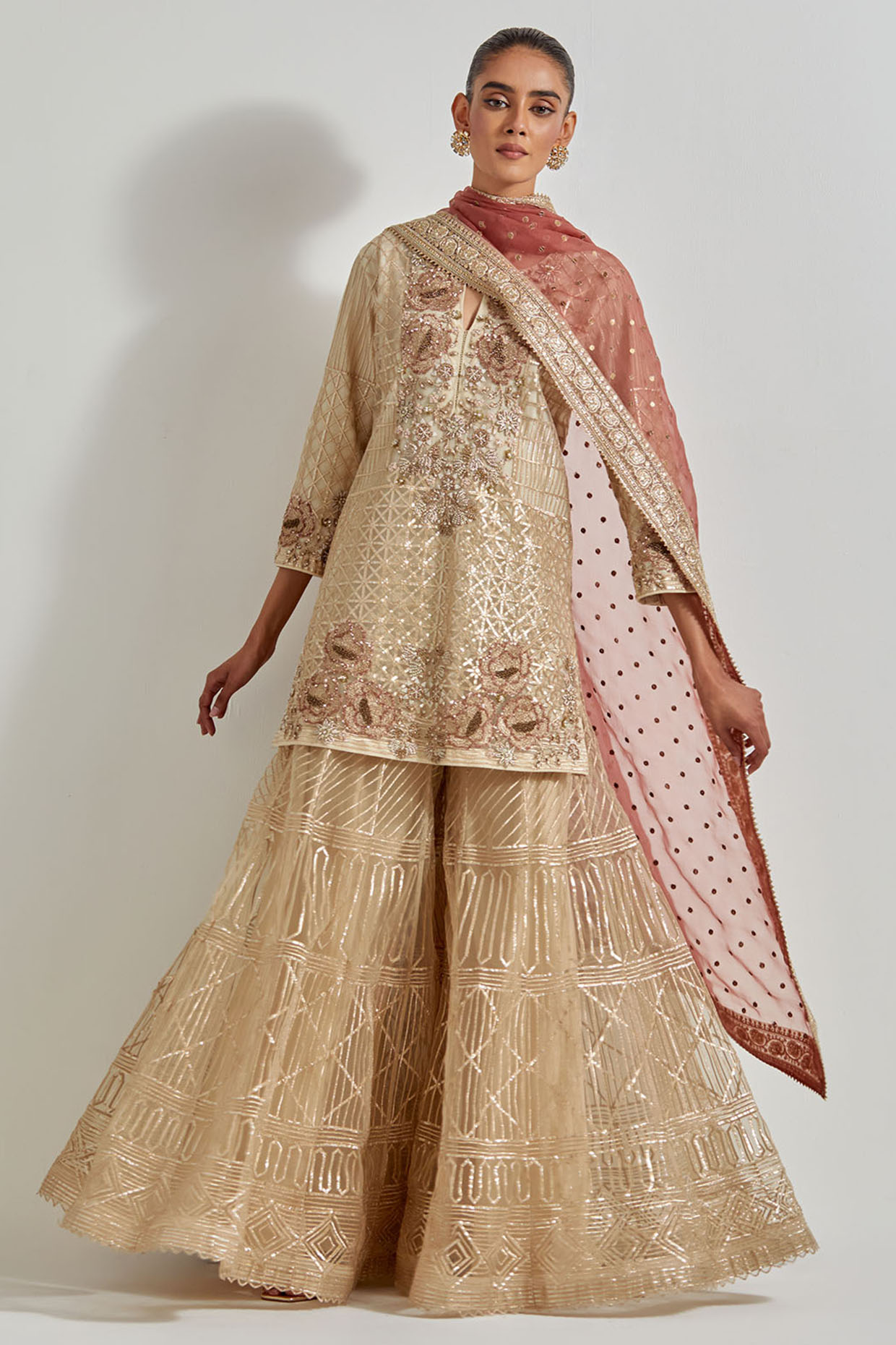 Multi-Colored Net & Organza Zardosi Work Bridal Sharara Set by Kavita Bhartia at Pernia's Pop Up Shop