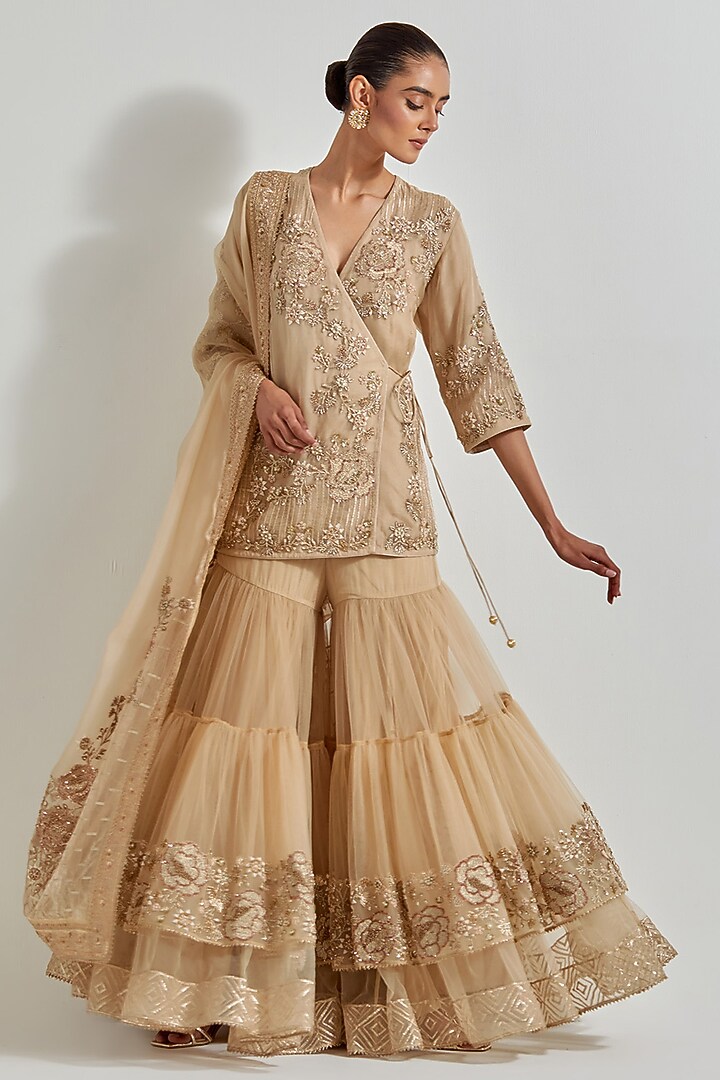 Gold Net & Organza Zardosi Work Bridal Sharara Set by Kavita Bhartia at Pernia's Pop Up Shop