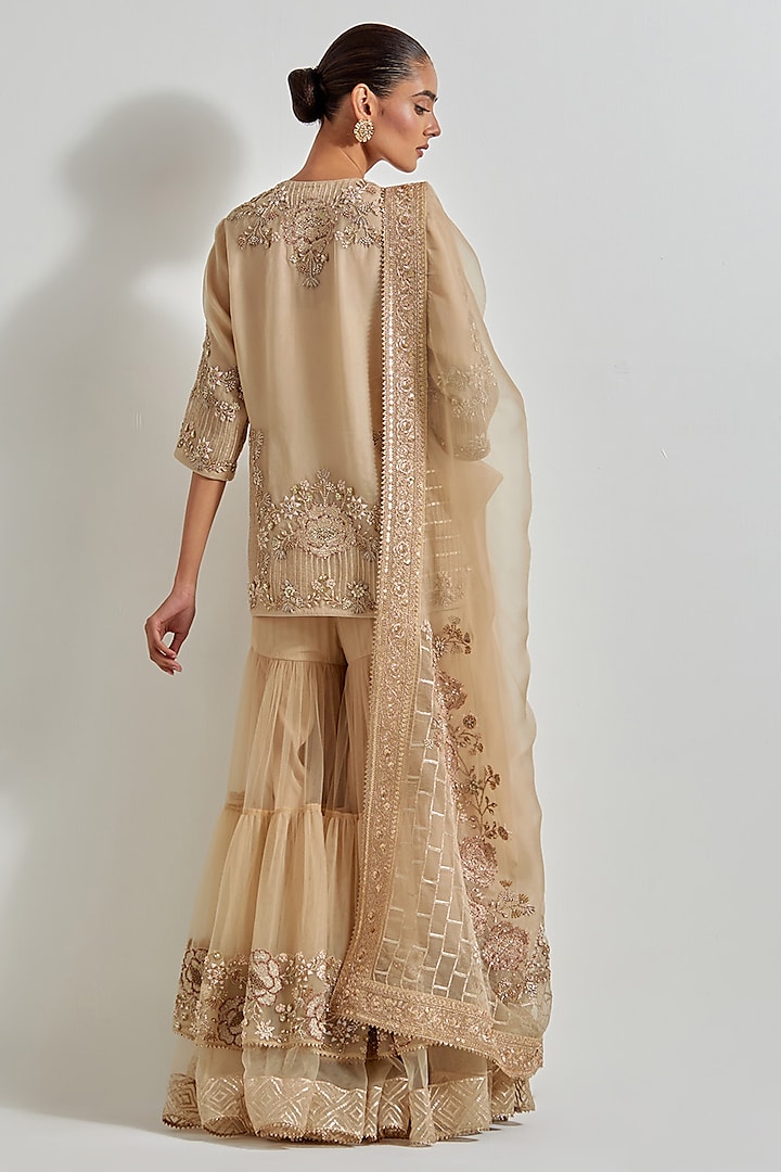 Gold Net & Organza Zardosi Work Bridal Sharara Set by Kavita Bhartia at Pernia's Pop Up Shop