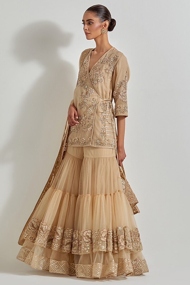 Gold Net & Organza Zardosi Work Bridal Sharara Set by Kavita Bhartia at Pernia's Pop Up Shop