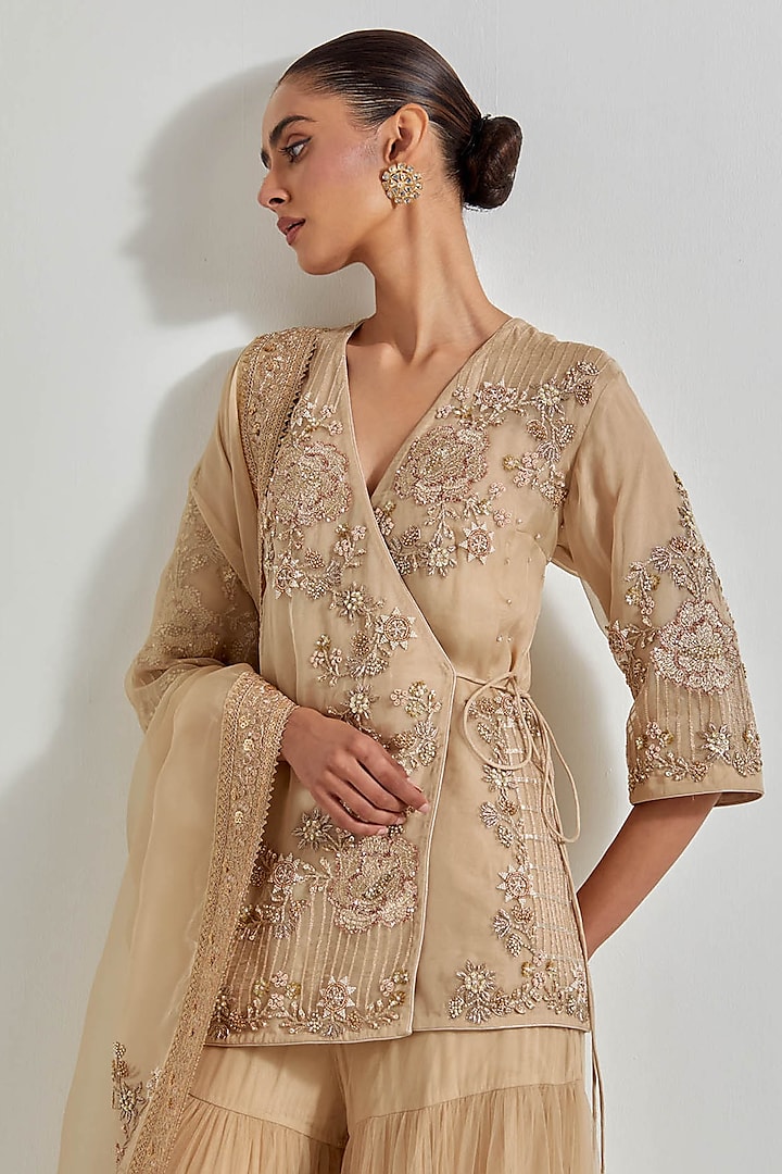 Gold Net & Organza Zardosi Work Bridal Sharara Set by Kavita Bhartia at Pernia's Pop Up Shop