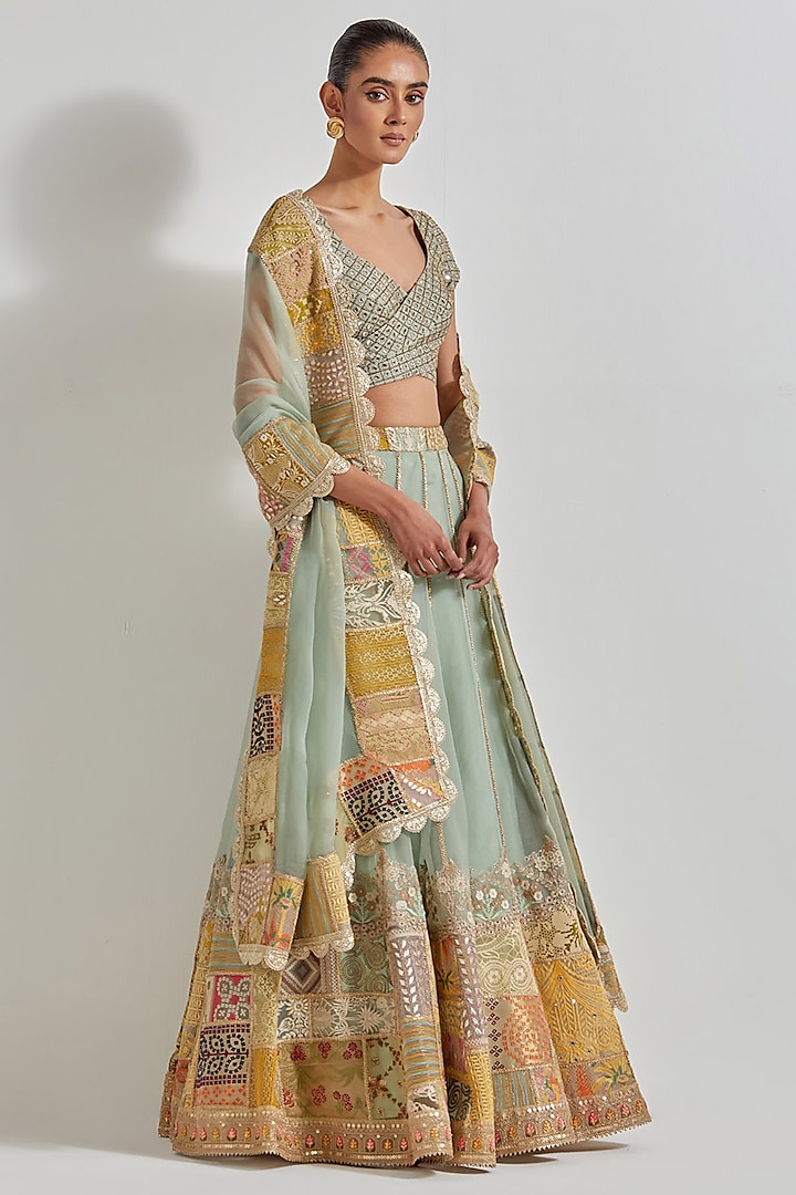 Sage Green Organza Hand Embroidered Wedding Lehenga Set by Kavita Bhartia at Pernia's Pop Up Shop