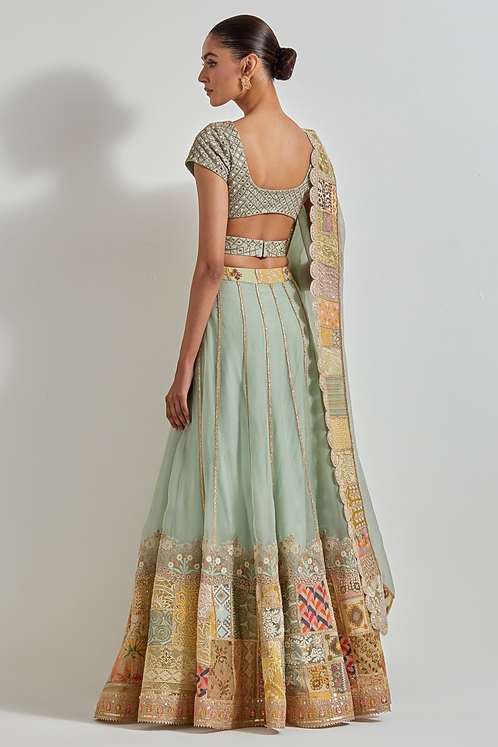 Sage Green Organza Hand Embroidered Wedding Lehenga Set by Kavita Bhartia at Pernia's Pop Up Shop