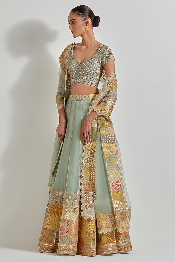 Sage Green Organza Hand Embroidered Wedding Lehenga Set by Kavita Bhartia at Pernia's Pop Up Shop