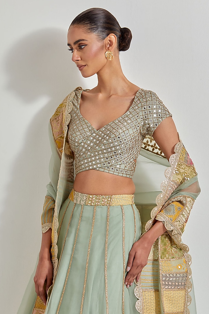 Sage Green Organza Hand Embroidered Wedding Lehenga Set by Kavita Bhartia at Pernia's Pop Up Shop