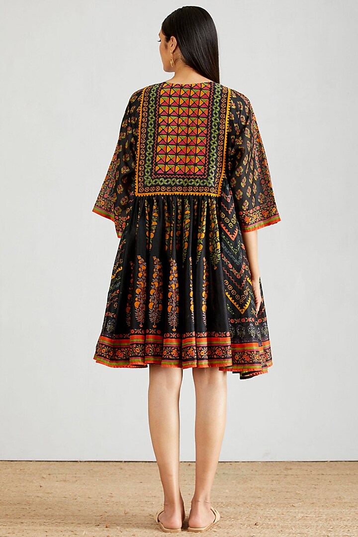 Black Cotton Silk Hand Block Printed Flared Boho Vacation Dress by Kavita Bhartia at Pernia's Pop Up Shop