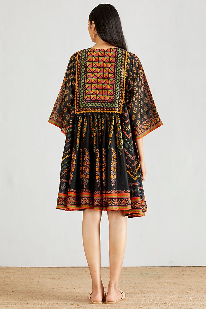 Black Cotton Silk Hand Block Printed Flared Boho Vacation Dress by Kavita Bhartia at Pernia's Pop Up Shop