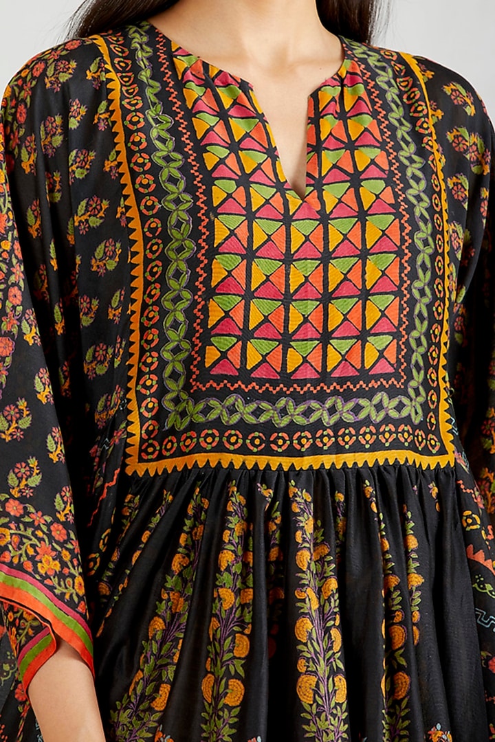Black Cotton Silk Hand Block Printed Flared Boho Vacation Dress by Kavita Bhartia at Pernia's Pop Up Shop