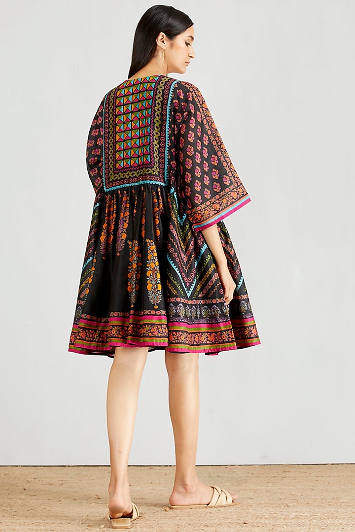 Black Hand Block Printed Flared Boho Vacation Dress by Kavita Bhartia at Pernia's Pop Up Shop