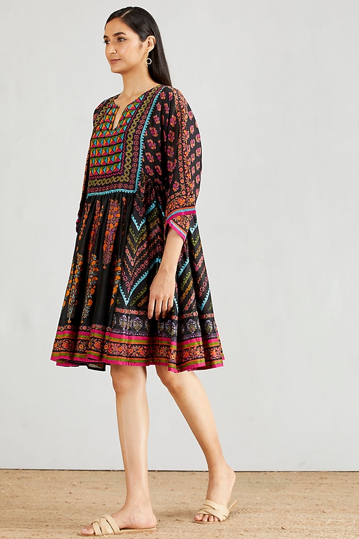 Black Hand Block Printed Flared Boho Vacation Dress by Kavita Bhartia at Pernia's Pop Up Shop