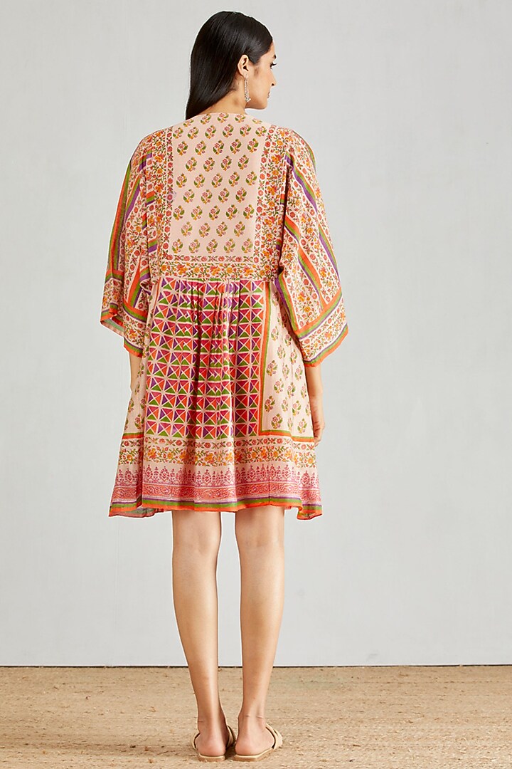 Nude Pink Chanderi Hand Block Printed Flared Boho Summer Dress by Kavita Bhartia at Pernia's Pop Up Shop