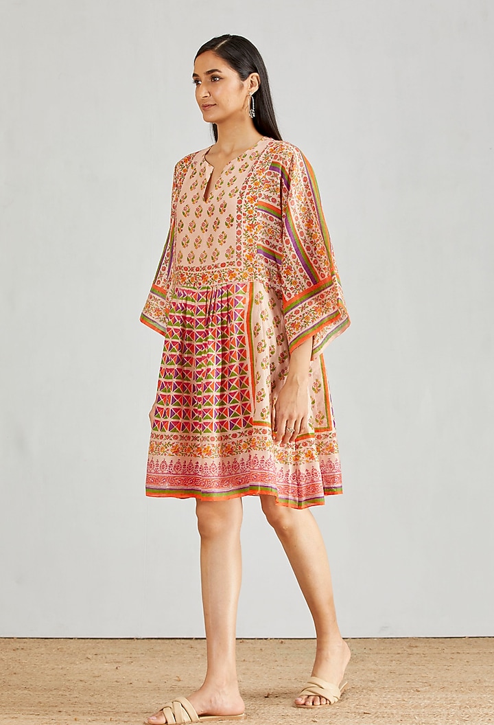 Nude Pink Chanderi Hand Block Printed Flared Boho Summer Dress by Kavita Bhartia at Pernia's Pop Up Shop