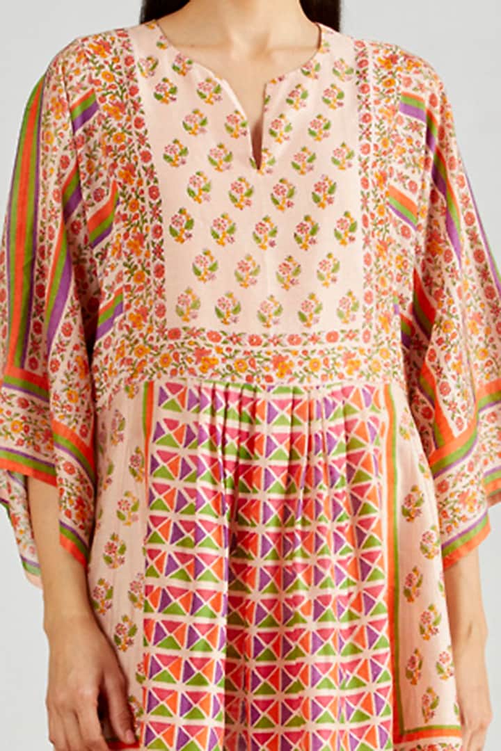 Nude Pink Chanderi Hand Block Printed Flared Boho Summer Dress by Kavita Bhartia at Pernia's Pop Up Shop