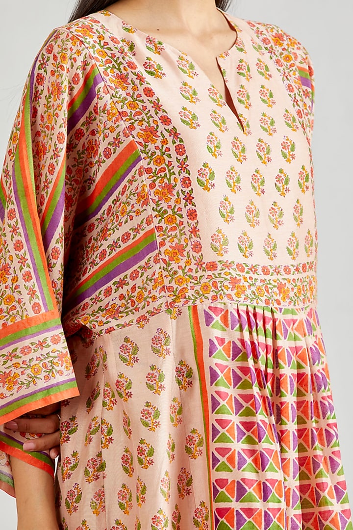 Nude Pink Chanderi Hand Block Printed Flared Boho Summer Dress by Kavita Bhartia at Pernia's Pop Up Shop
