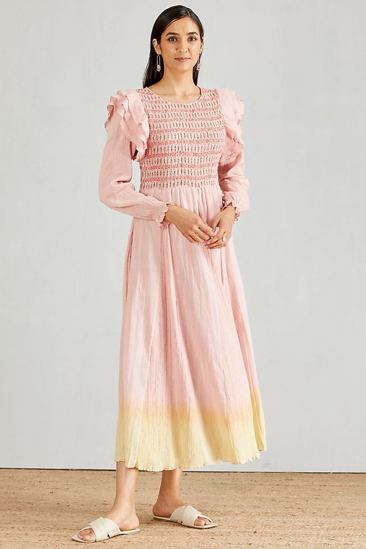 Pink Smocked Midi Vacation Dress by Kavita Bhartia at Pernia's Pop Up Shop