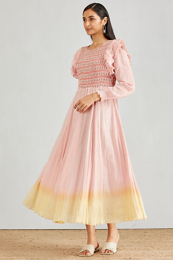 Pink Smocked Midi Vacation Dress by Kavita Bhartia at Pernia's Pop Up Shop
