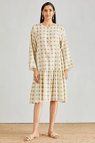 Beige Printed Boho Dress by Kavita Bhartia