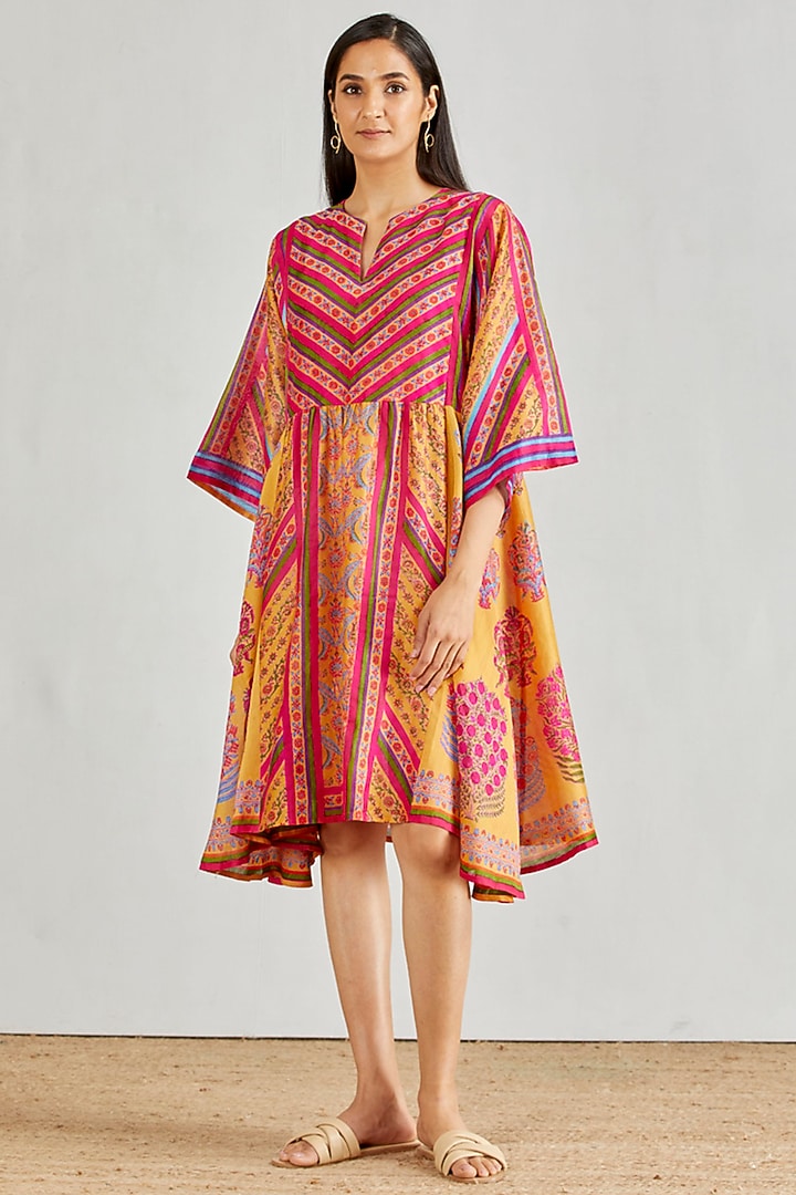 Mustard Hand Block Printed Boho Vacation Dress by Kavita Bhartia at Pernia's Pop Up Shop