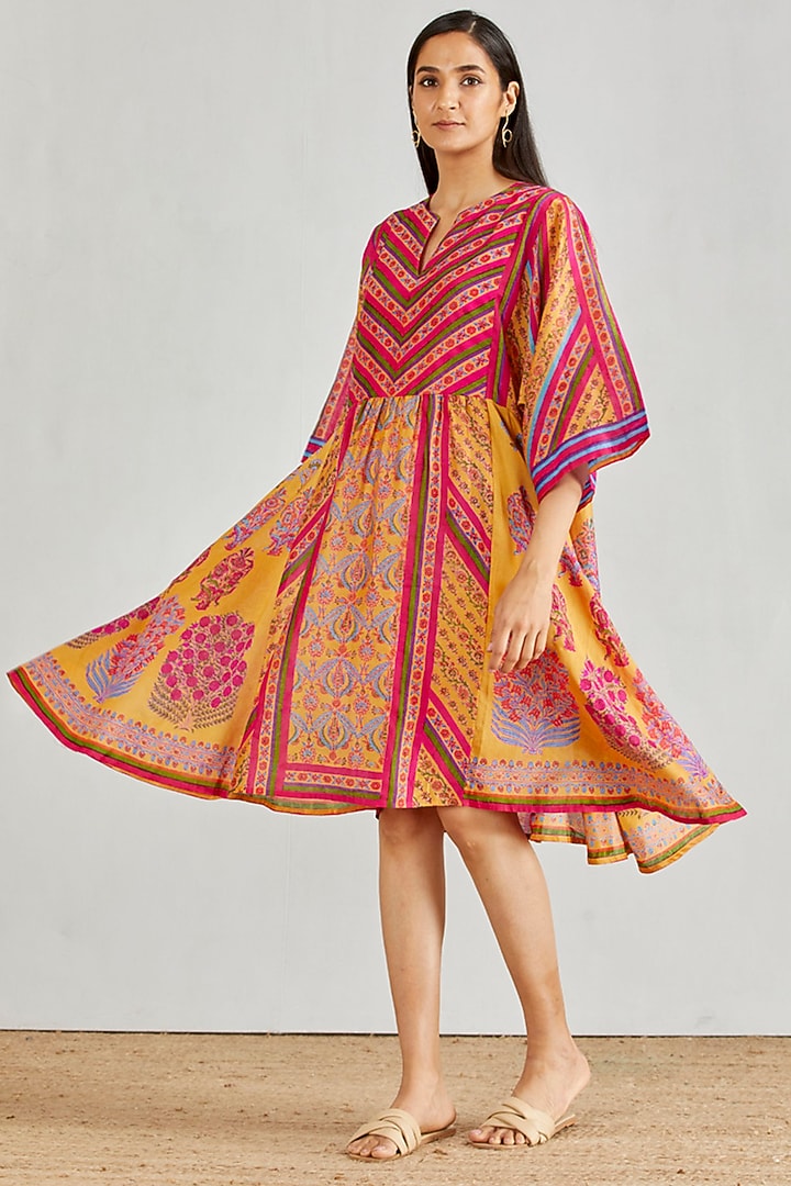 Mustard Hand Block Printed Boho Vacation Dress by Kavita Bhartia at Pernia's Pop Up Shop