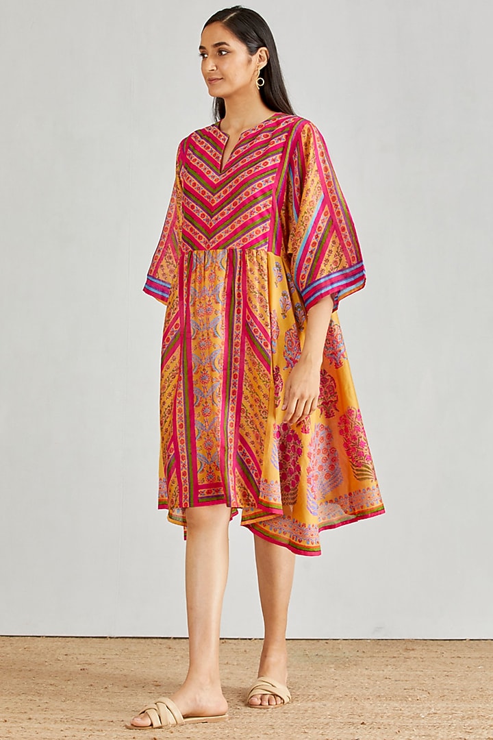Mustard Hand Block Printed Boho Vacation Dress by Kavita Bhartia at Pernia's Pop Up Shop