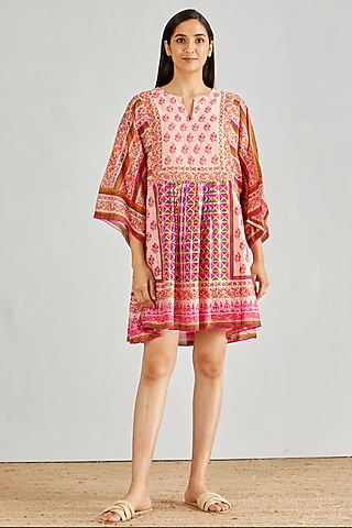 Pink Hand Block Printed Boho Dress by Kavita Bhartia