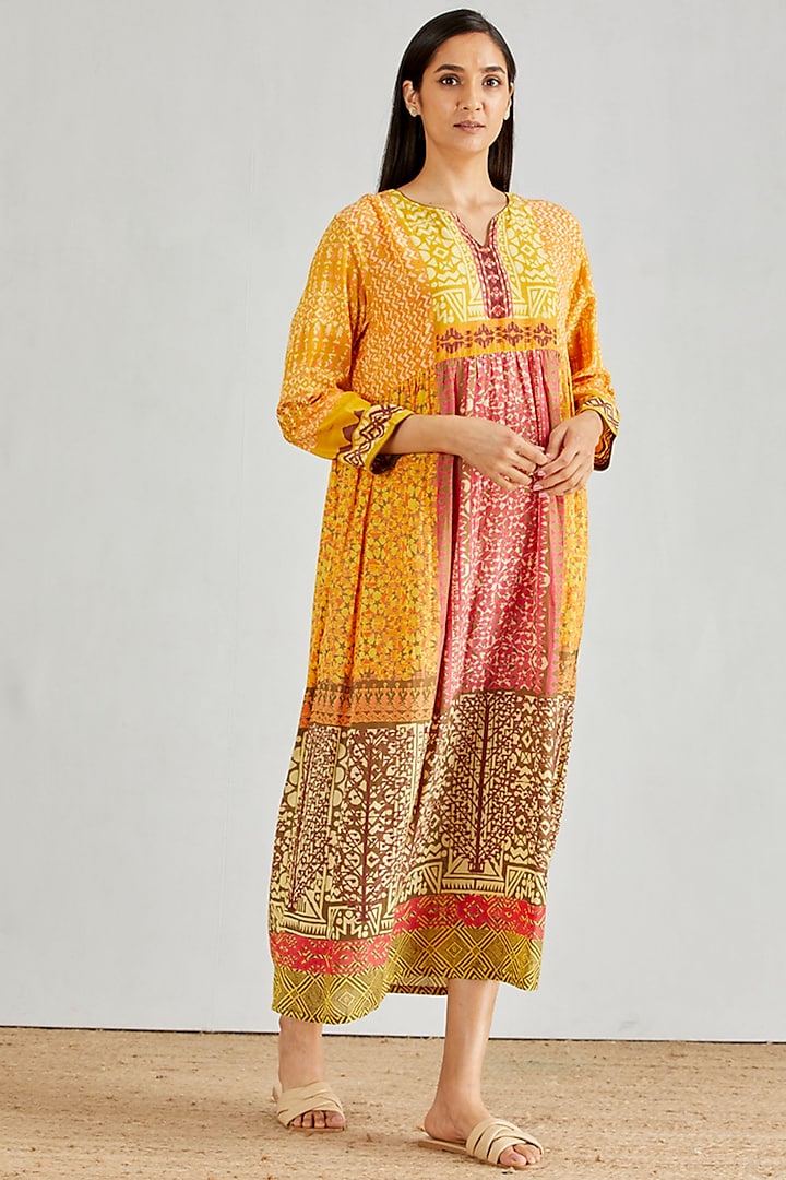 Yellow Hand Block Printed Midi Dress by Kavita Bhartia