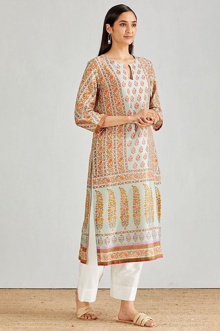 Green Hand Black Printed Kurta Set by Kavita Bhartia at Pernia's Pop Up Shop
