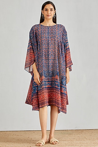 Blue Pleated Midi Kaftan by Kavita Bhartia