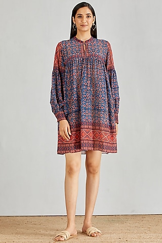 Blue Printed Pleated Dress by Kavita Bhartia