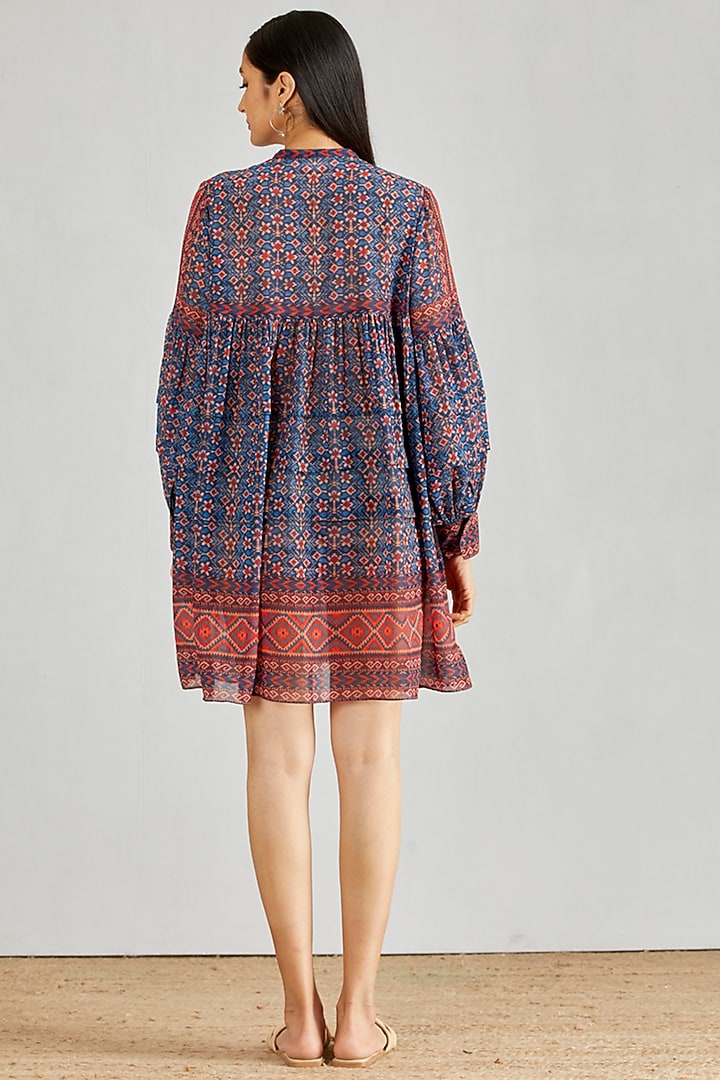 Blue Printed Pleated Summer Dress by Kavita Bhartia at Pernia's Pop Up Shop