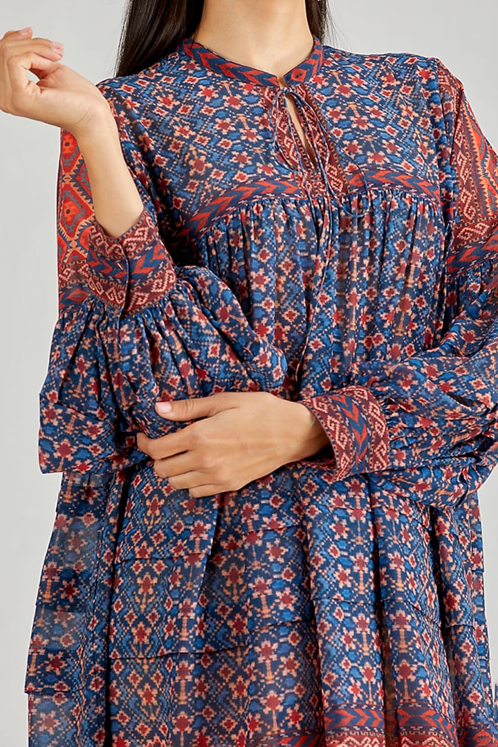 Blue Printed Pleated Summer Dress by Kavita Bhartia at Pernia's Pop Up Shop