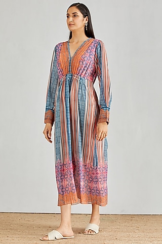 Multi Colored Floral Printed & Striped Dress by Kavita Bhartia