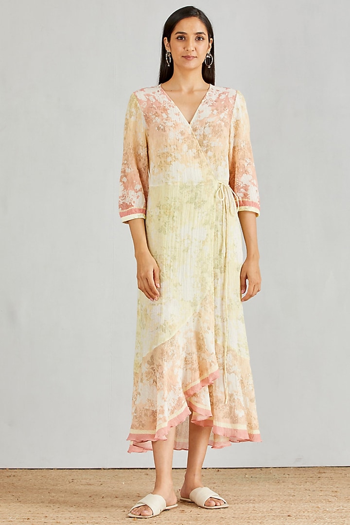 Multi Colored Cotton Printed Wrap Dress by Kavita Bhartia