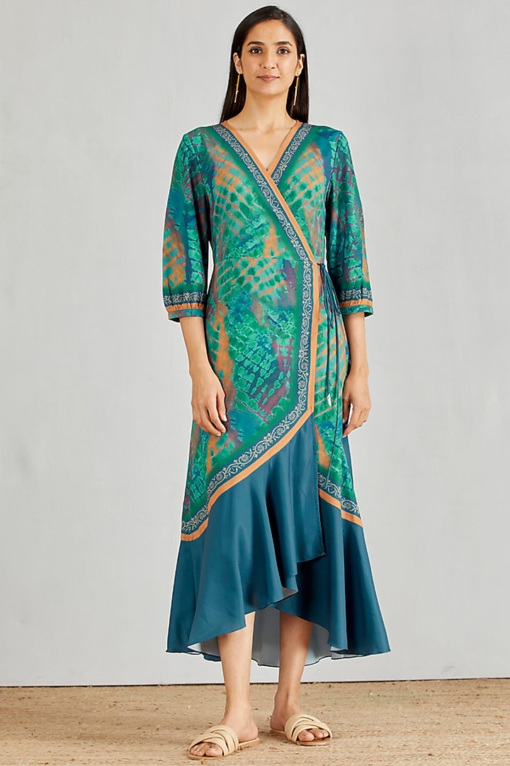 Green Printed & Tie-Dye Wrap Dress by Kavita Bhartia