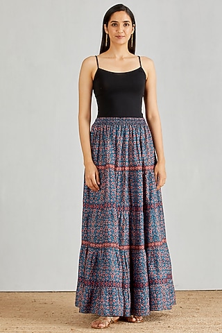 Blue Printed Tiered Skirt by Kavita Bhartia