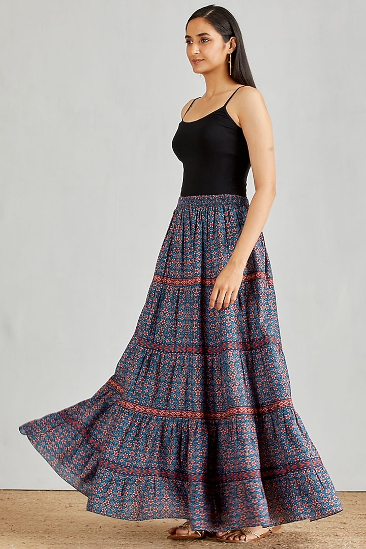 Blue Printed Tiered Skirt by Kavita Bhartia at Pernia's Pop Up Shop