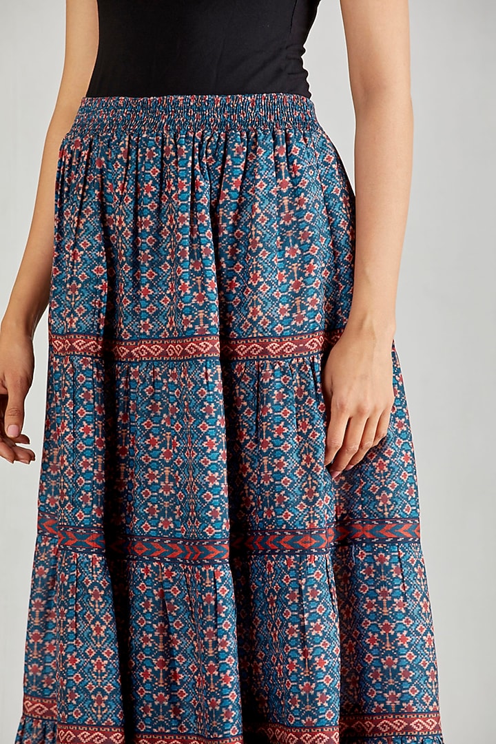Blue Printed Tiered Skirt by Kavita Bhartia at Pernia's Pop Up Shop