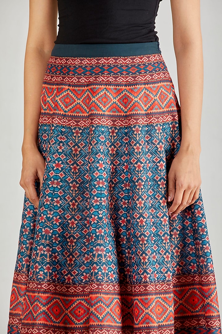 Blue Printed Paneled Skirt by Kavita Bhartia at Pernia's Pop Up Shop
