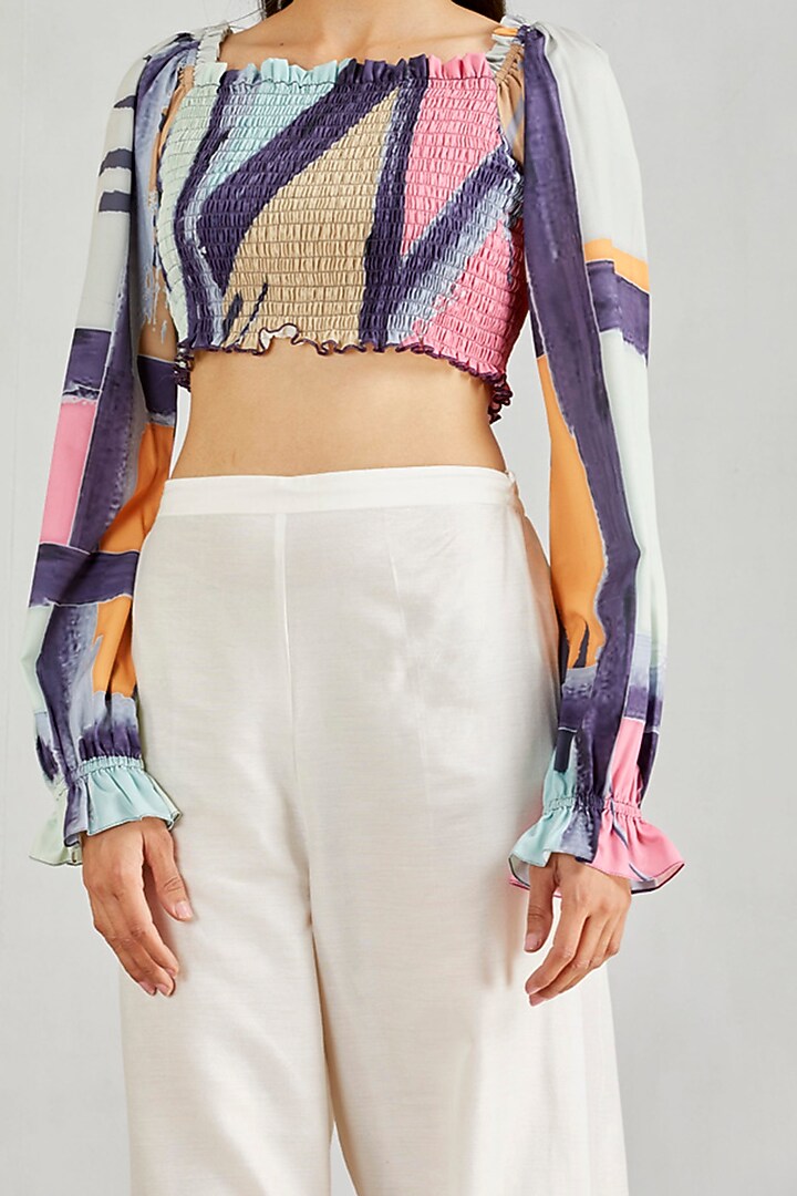 Multi Colored Printed Smocking Crop Top by Kavita Bhartia at Pernia's Pop Up Shop