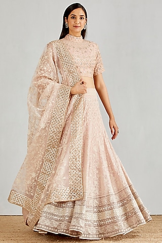 Pale Pink Georgette Chikankari Embroidered Lehenga Set by Kavita Bhartia