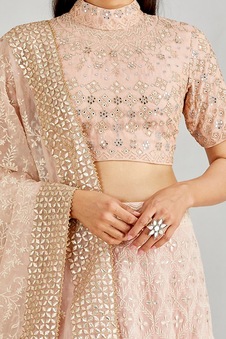 Pale Pink Georgette Chikankari Embroidered Wedding Lehenga Set by Kavita Bhartia at Pernia's Pop Up Shop