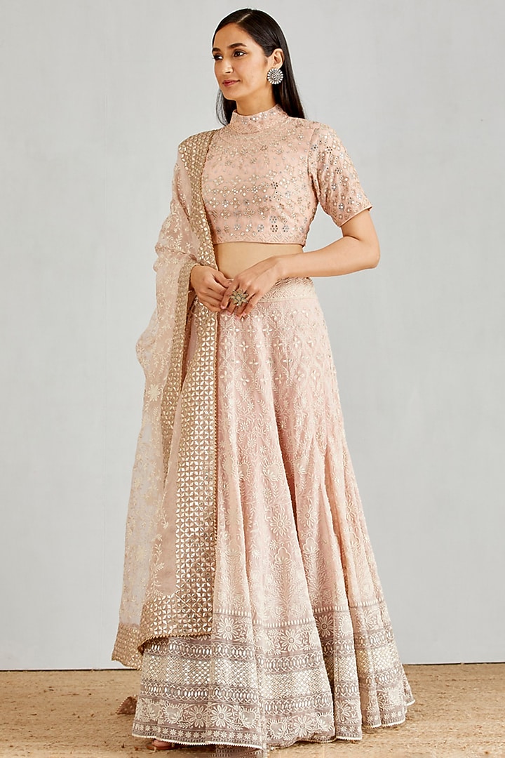 Pale Pink Georgette Chikankari Embroidered Wedding Lehenga Set by Kavita Bhartia at Pernia's Pop Up Shop