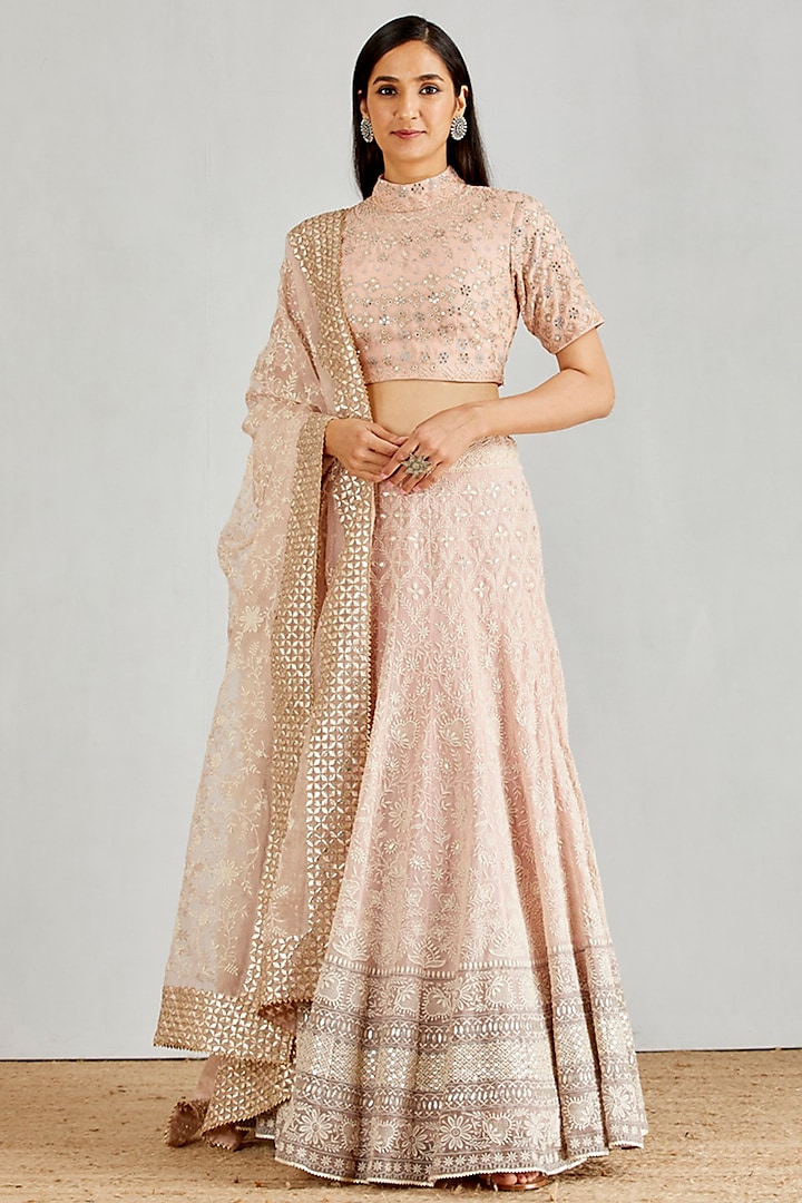 Pale Pink Georgette Chikankari Embroidered Wedding Lehenga Set by Kavita Bhartia at Pernia's Pop Up Shop